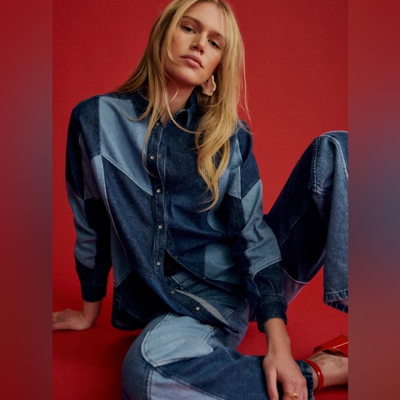 Sezane Blue Patchwork Button Down Shirt - Picture 2 of 3